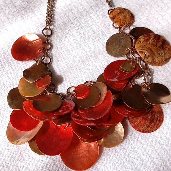 Necklace, Copper,Capiz Shells, Brass 20" - Picture 2 of 5